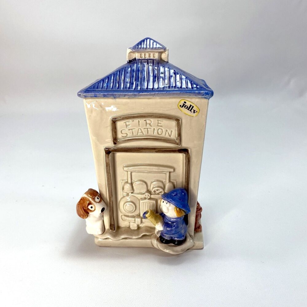 Vintage Fire Station Bank Little Boy & Puppy Japan KIC Bottom Plug 6 1/2" x 4"